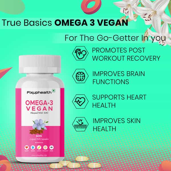 Fixuphealth Omega 3 Vegan Flaxseed Nutrition Supplement For Hair Skin Bone Joint Brain Muscles 60Cap