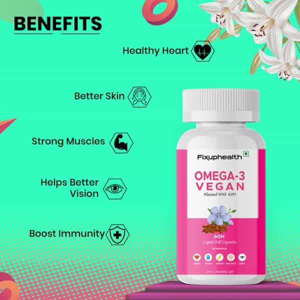 Fixuphealth Omega 3 Vegan Flaxseed Nutrition Supplement For Hair Skin Bone Joint Brain Muscles 60Cap