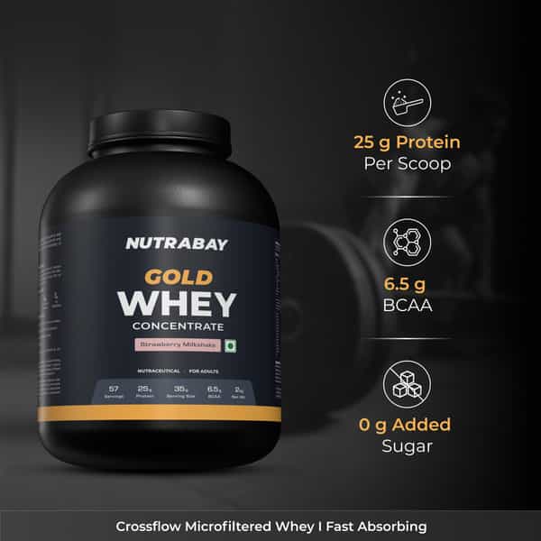 Nutrabay Gold 100% Whey Protein Concentrate Strawberry Milkshake - 2Kg