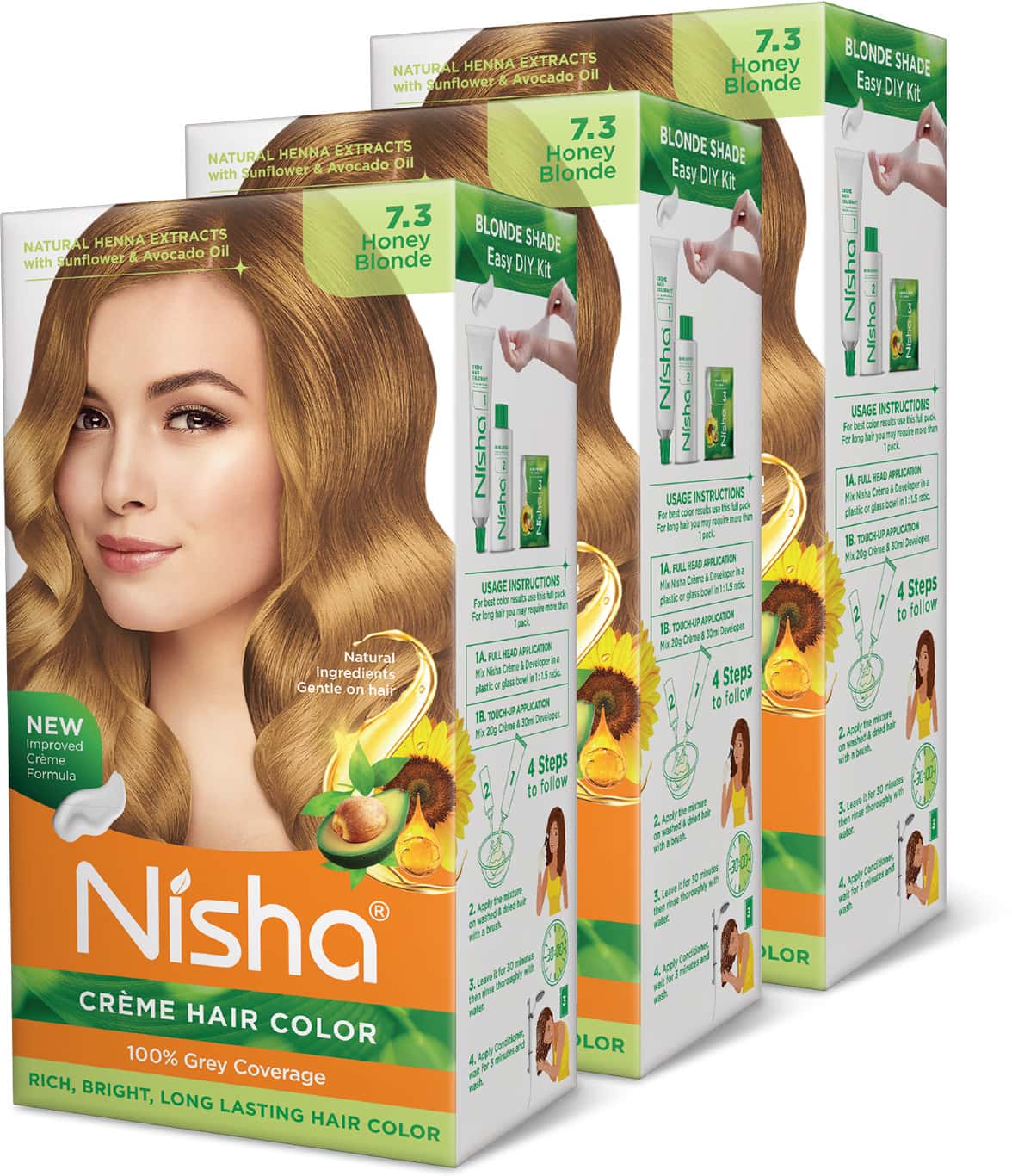 Nisha Creme Hair Color 7.3 Honey Blonde 150g Pack Of 3 | Permanent Hair Colour For Women & Men