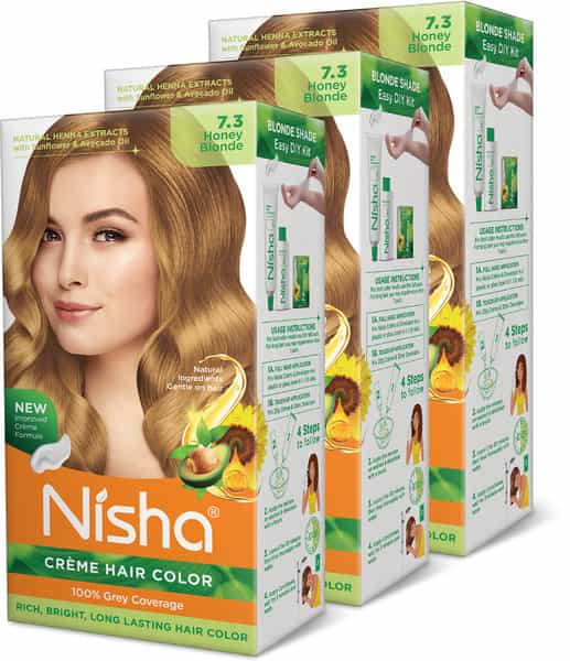 Nisha Creme Hair Color 7.3 Honey Blonde 150G Pack Of 3 | Permanent Hair Colour For Women & Men