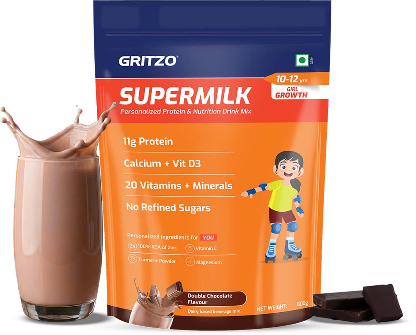 Gritzo Supermilk Growth (10-12y Girl) | Double Chocolate | 800g | 11g Protein