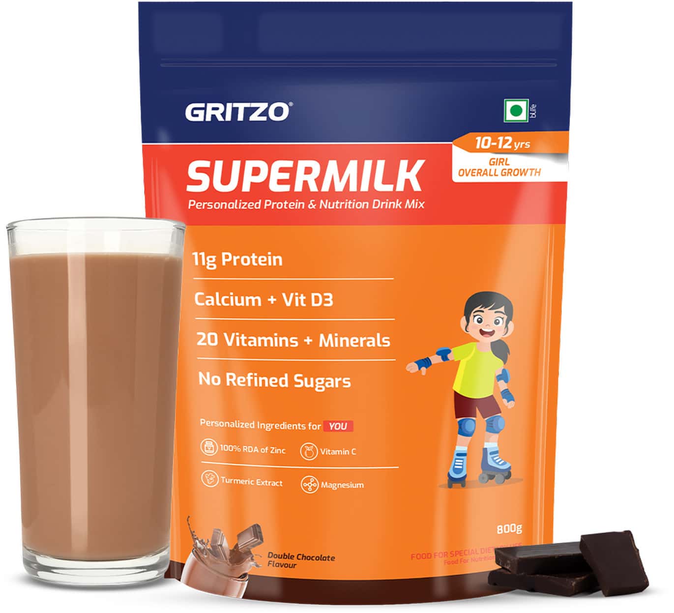 Gritzo Supermilk Overall Growth (10-12y Girls) | 11g Protein Powder (double Chocolate | 800g)