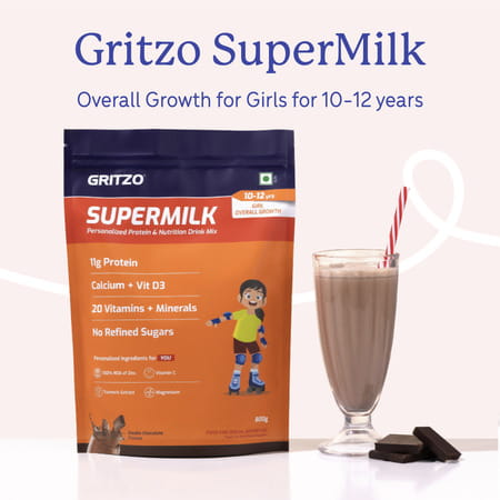 Gritzo Supermilk Overall Growth (10-12y Girls) | 11g Protein Powder (Double Chocolate | 800g)