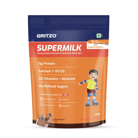 Gritzo Supermilk Overall Growth (10-12y Girls) | 11g Protein Powder (Double Chocolate | 800g)