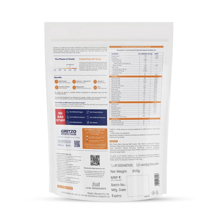 Gritzo Supermilk Overall Growth (10-12y Girls) | 11g Protein Powder (Double Chocolate | 800g)