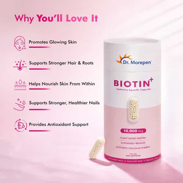 Dr. Morepen Biotin+ Capsules With 10000 Mcg Pure Sesbania Agasthi Extract - 60N