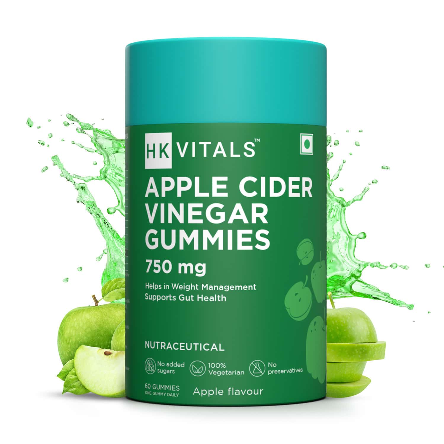 Hk Vitals Apple Cider Vinegar Gummies 750 Mg | No Added Sugar | Green Apple Flavour | 60 Pcs