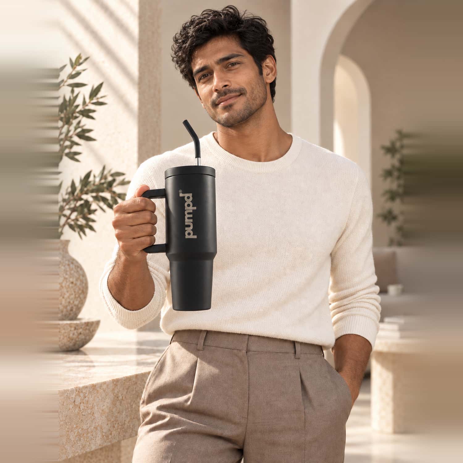 Pumpd Stainless Steel Tumbler With Handle | Lid And Straw | 1200 Ml | Black