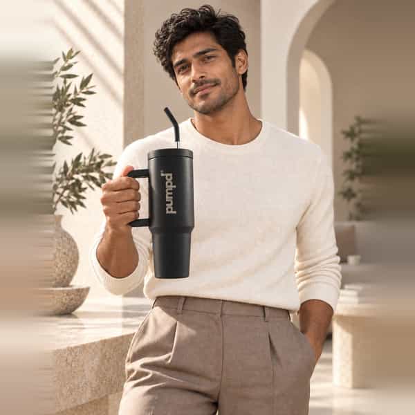 Pumpd Stainless Steel Tumbler With Handle | Lid And Straw | 1200 Ml | Black