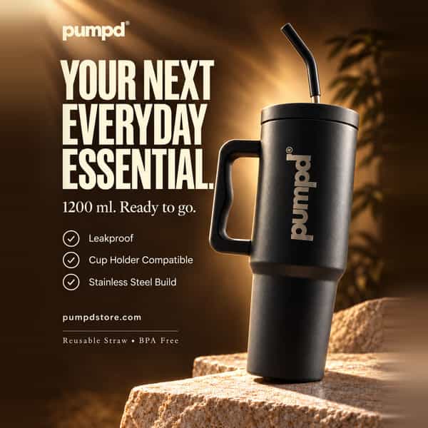 Pumpd Stainless Steel Tumbler With Handle | Lid And Straw | 1200 Ml | Black