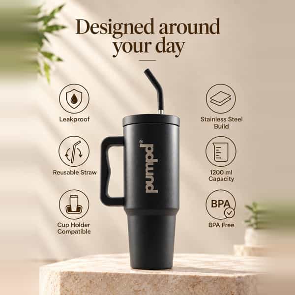 Pumpd Stainless Steel Tumbler With Handle | Lid And Straw | 1200 Ml | Black