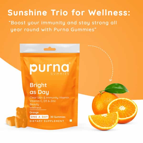 Purna Gummies Bright Skin Orange Vitamin C & Zinc Vegetarian Gummies - 30