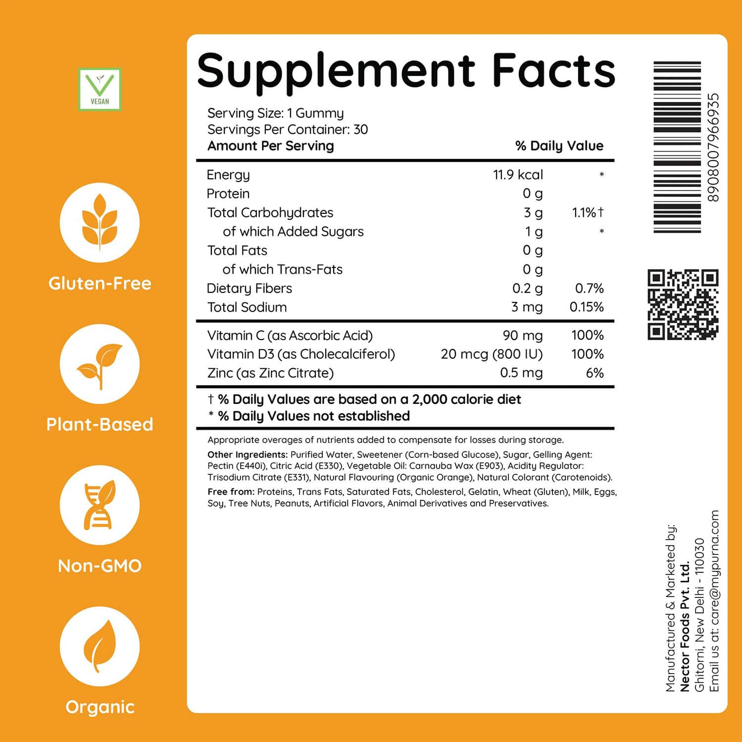 Buy PURNA GUMMIES BRIGHT SKIN ORANGE VITAMIN C & ZINC VEGETARIAN