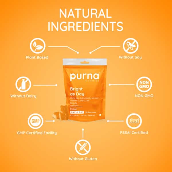 Purna Gummies Bright Skin Orange Vitamin C & Zinc Vegetarian Gummies - 30