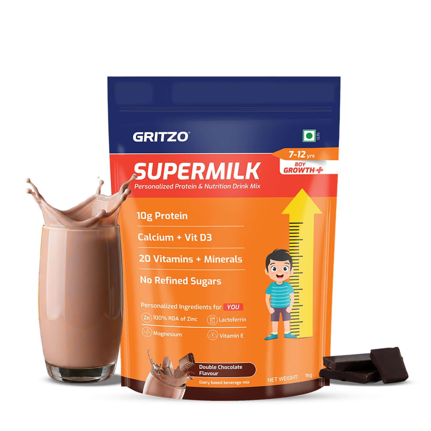 Gritzo Supermilk Growth+ (7-12y Boys) | 10g Protein (Double Chocolate | 1kg) | 20 Vitamins & Mineral