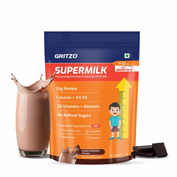 Gritzo Supermilk Growth+ (7-12Y Boys) | 10G Protein (Double Chocolate | 1Kg) | 20 Vitamins & Mineral