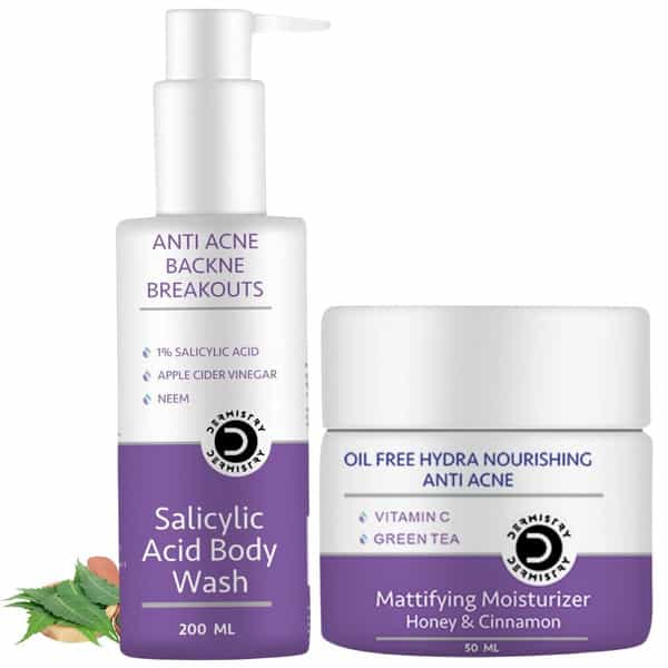 Dermistry 1% Salicylic Acid Back Acne Pimple Remover Body Wash & Oil Free Mattifying Moisturizer