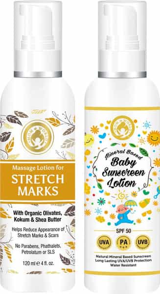 Mom & World Natural Skin Care- Stretch Marks Lotion + Baby Sunscreen Lotion (120 Ml Each)