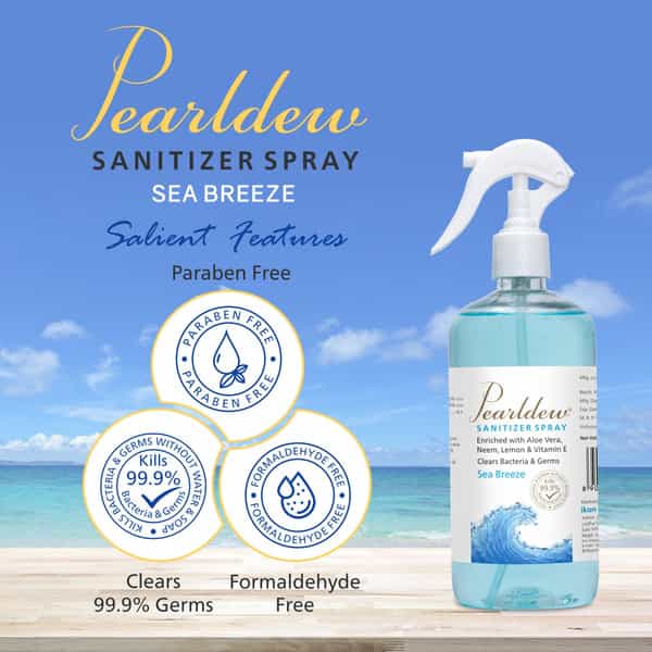 Pearldew Sanitizer Spray (Sea Breeze) 500 Ml | Aloe & Neem | Paraben Free (Pack Of 4)
