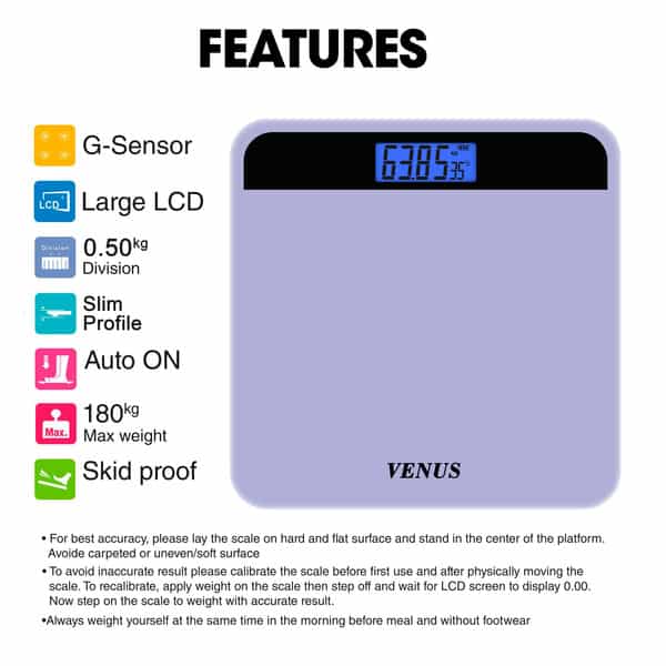 Venus (India) Electronic Digital Personal Bathroom Weight Machine | Upto 180Kg | Eps-2799-New-Purple