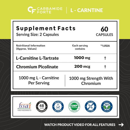 Carbamide Forte L-Carnitine L-Tartrate 1000mg Pre & Post Workout Supplement 60 Capsules