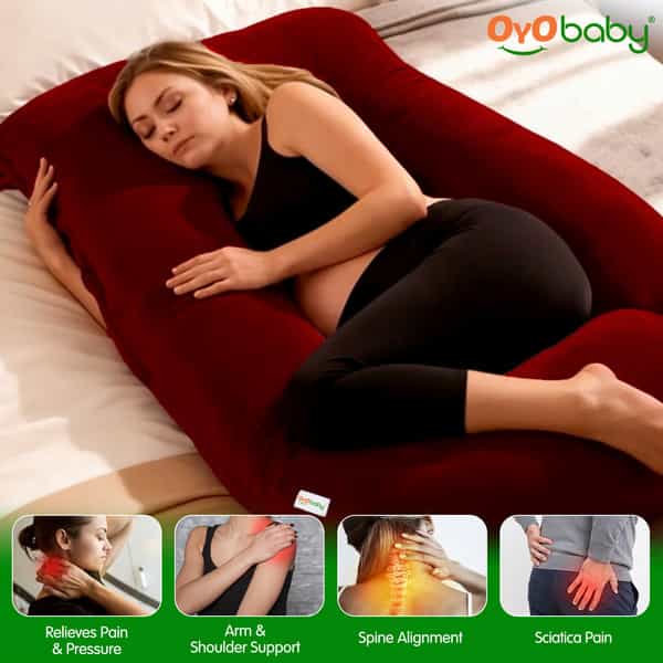 Oyo Baby Maternity Pillows | 360-Degree Full Body Support | J-Shape Pillow | Velvet (Maroon)