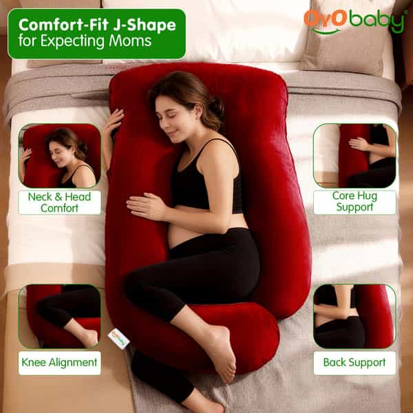 Oyo Baby Maternity Pillows | 360-Degree Full Body Support | J-Shape Pillow | Velvet (Maroon)