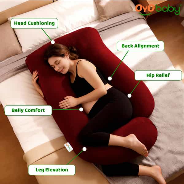Oyo Baby Maternity Pillows | 360-Degree Full Body Support | J-Shape Pillow | Velvet (Maroon)