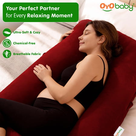 Oyo Baby Maternity Pillows | 360-Degree Full Body Support | J-Shape Pillow | Velvet (Maroon)