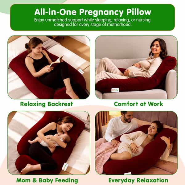 Oyo Baby Maternity Pillows | 360-Degree Full Body Support | J-Shape Pillow | Velvet (Maroon)