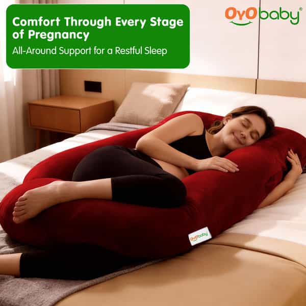 Oyo Baby Maternity Pillows | 360-Degree Full Body Support | J-Shape Pillow | Velvet (Maroon)