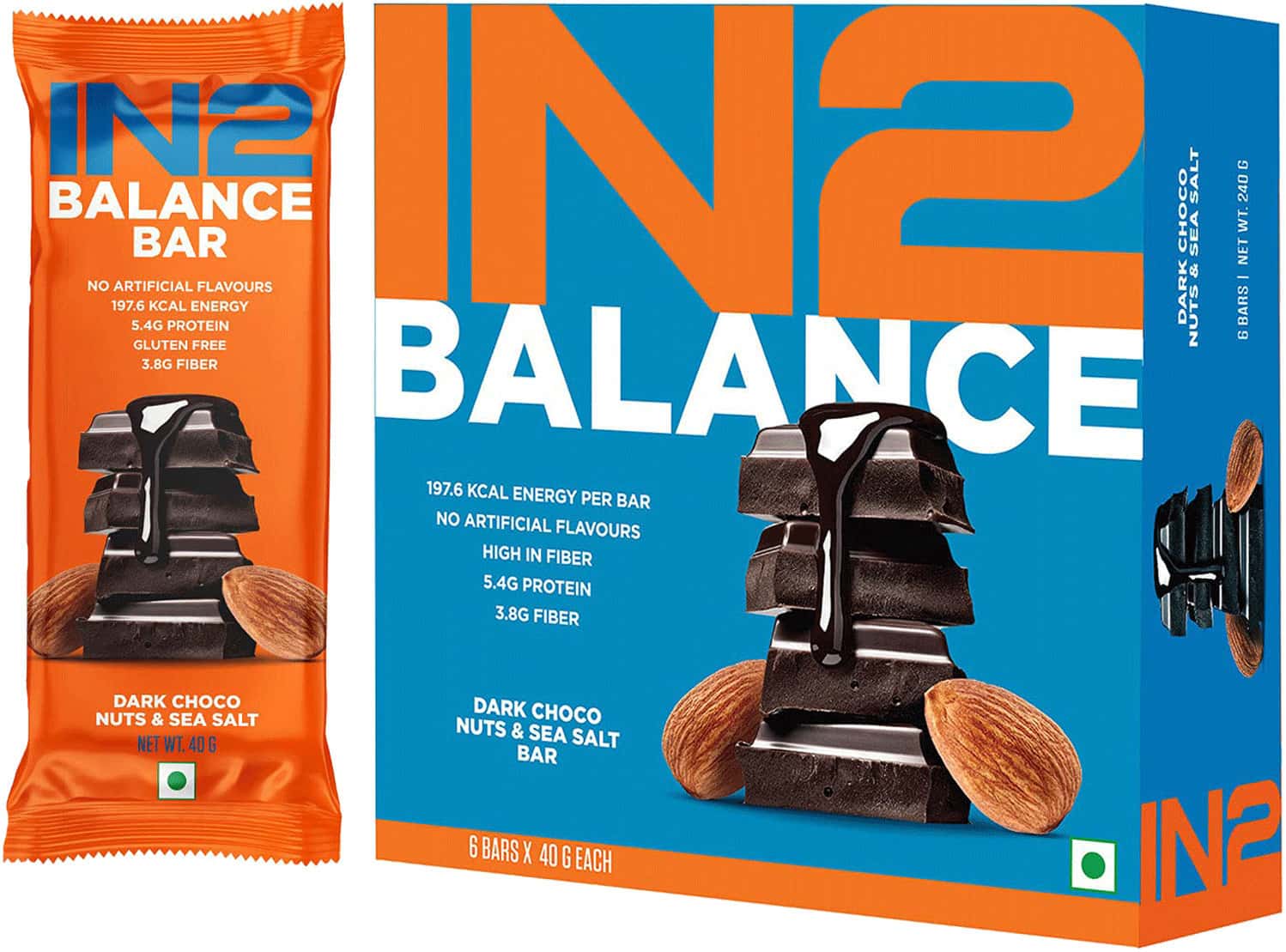 In2 Balance Bar | Dark Choco Almonds & Sea Salt| Wholefood Fiber Protein Snack Bar| 6 X40g