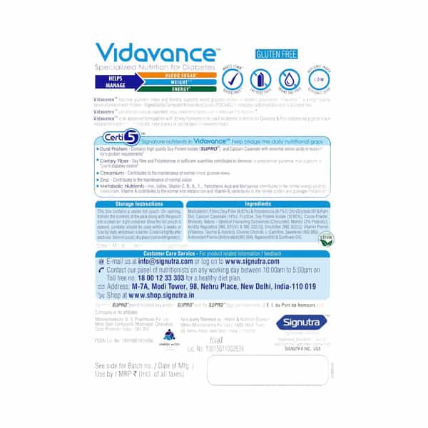 Vidavance Specialized Nutrition For Diabetes | Chocolate Flavour | Jar 400 Gm