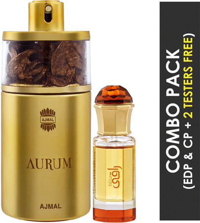Ajmal Aurum Edp 75ml Perfume For Women And Mukhallat Raaqi Cp Attar 10ml For Unisex