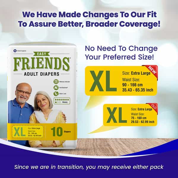 Friends Easy Adult Diapers Tape Style High Absorbency Core 10 Count (Xl) Waist 90-166 Cm