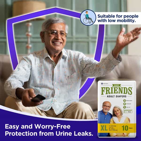 Friends Easy Adult Diapers Tape Style High Absorbency Core 10 Count (Xl) Waist 90-166 Cm