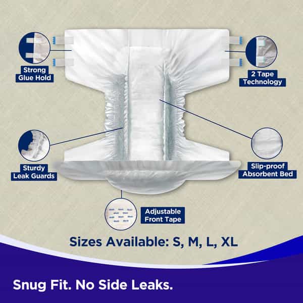 Friends Easy Adult Diapers Tape Style High Absorbency Core 10 Count (Xl) Waist 90-166 Cm