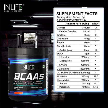 Inlife Bcaa Supplement 7g Amino Acids Instantized For Pre Post & Intra Drink Workout (Orange 250g)