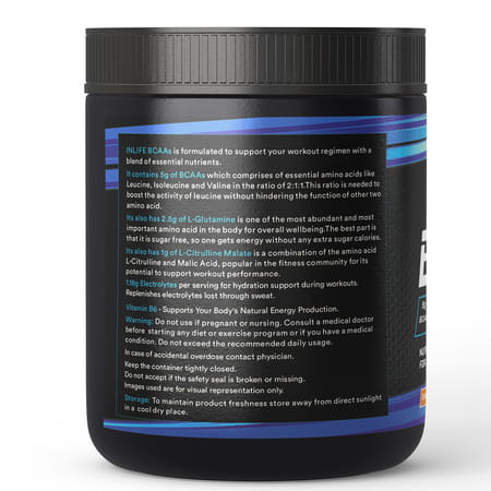 Inlife Bcaa Supplement 7g Amino Acids Instantized For Pre Post & Intra Drink Workout (Orange 250g)