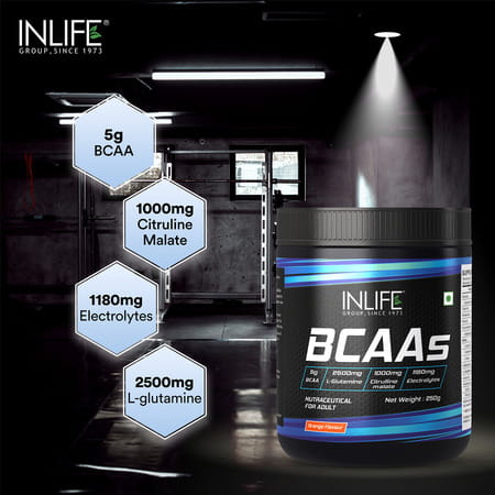Inlife Bcaa Supplement 7g Amino Acids Instantized For Pre Post & Intra Drink Workout (Orange 250g)