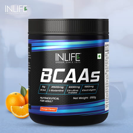 Inlife Bcaa Supplement 7g Amino Acids Instantized For Pre Post & Intra Drink Workout (Orange 250g)