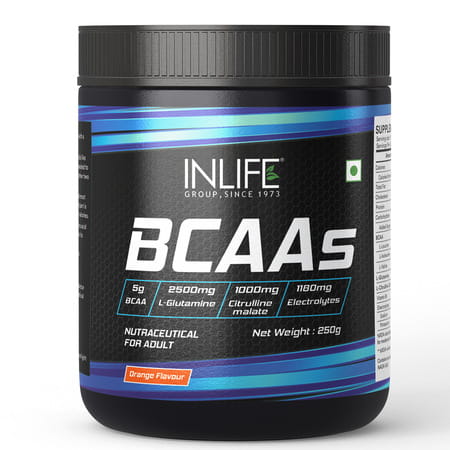 Inlife Bcaa Supplement 7g Amino Acids Instantized For Pre Post & Intra Drink Workout (Orange 250g)