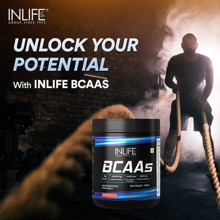 Inlife Bcaa Supplement 7g Amino Acids Instantized For Pre Post & Intra Drink Workout (Orange 250g)
