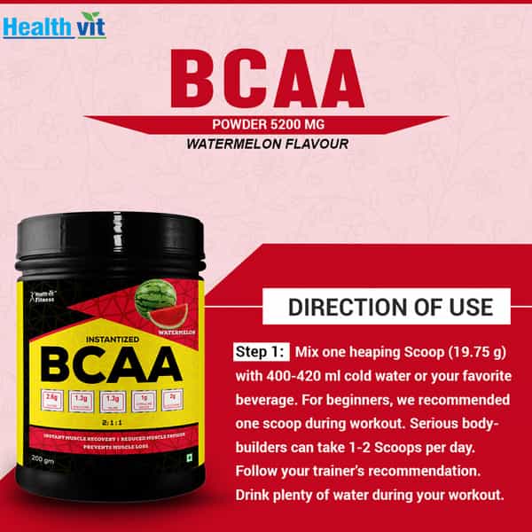 Healthvit Fitness Bcaa With L-Glutamine & L-Citrulline Malate | 200G (10 Servings) Watermelon Flavor