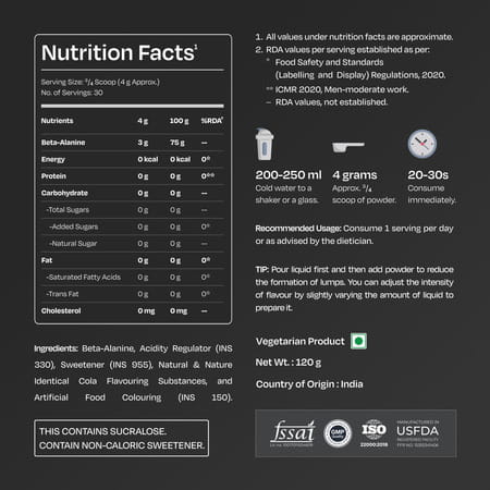 Nutrabay Gold Beta Alanine Supplement Powder - 120G | Cola Flavor | Pre Workout Amino Acid