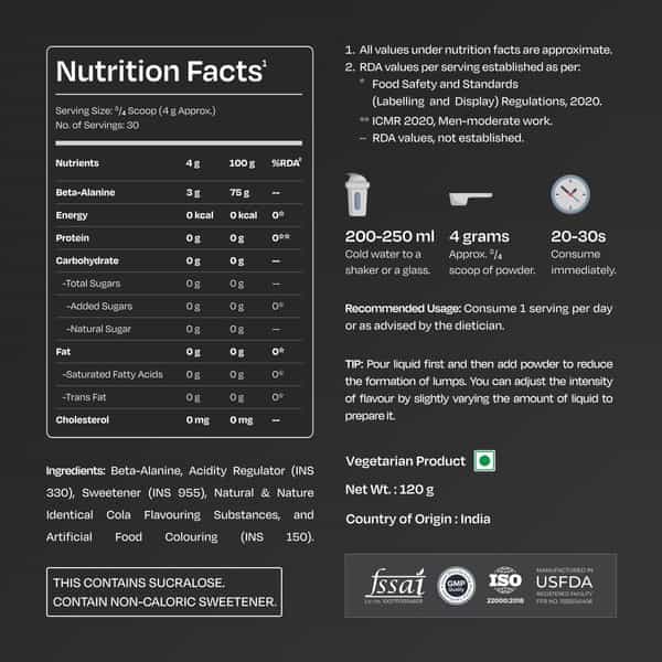 Nutrabay Gold Beta Alanine Supplement Powder - 120G | Cola Flavor | Pre Workout Amino Acid