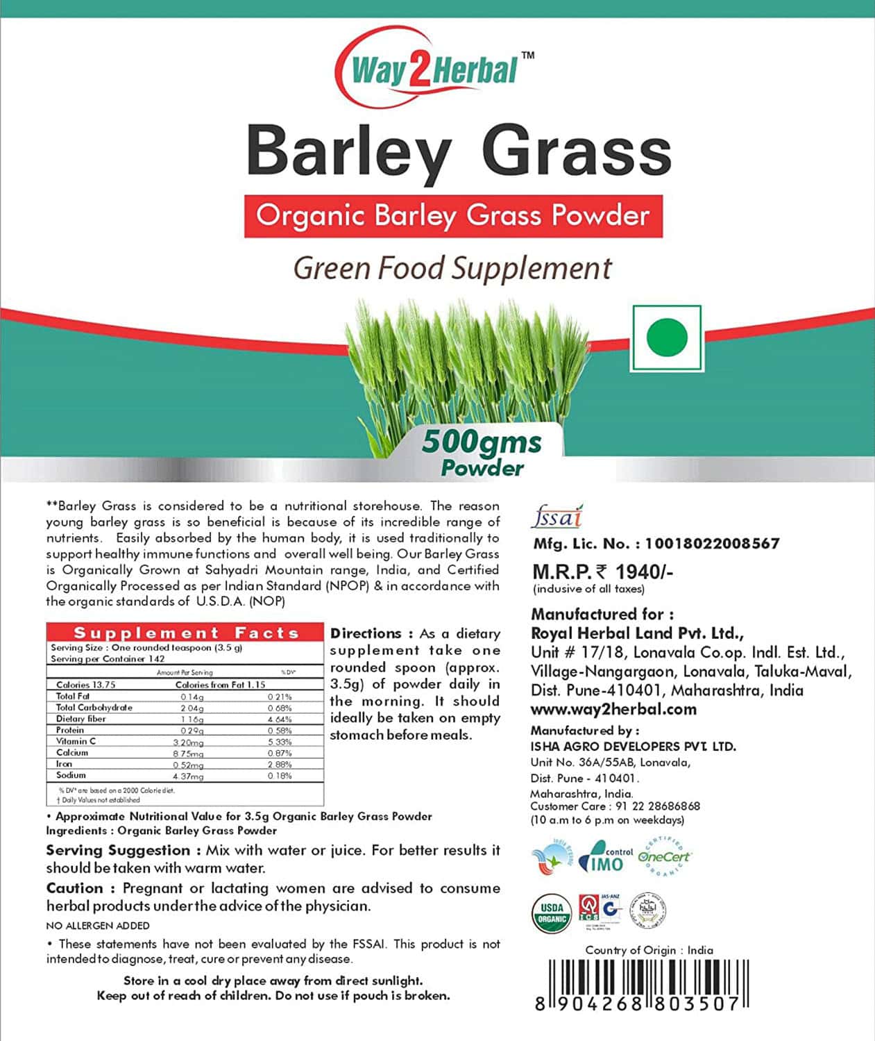 Buy WAY2HERBAL BARLEY GRASS POWDER 500 G PACK OF 2 Online & Get Upto 60