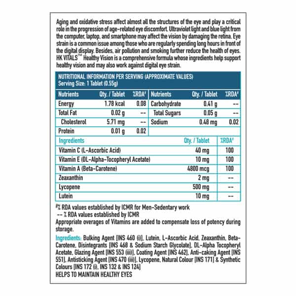 Hk Vitals Healthy Vision | Eye Multivitamin | Lutein 10Mg | Zeaxanthin 2Mg | Vitamin A 60 Tablets