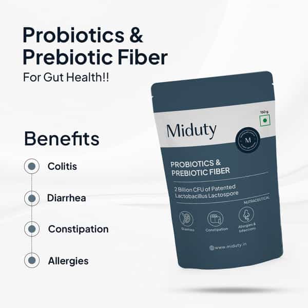 Miduty Probiotics & Prebiotics Fiber - Gut Health - Skin Issues - Patented Lacto Baccilus - 150G